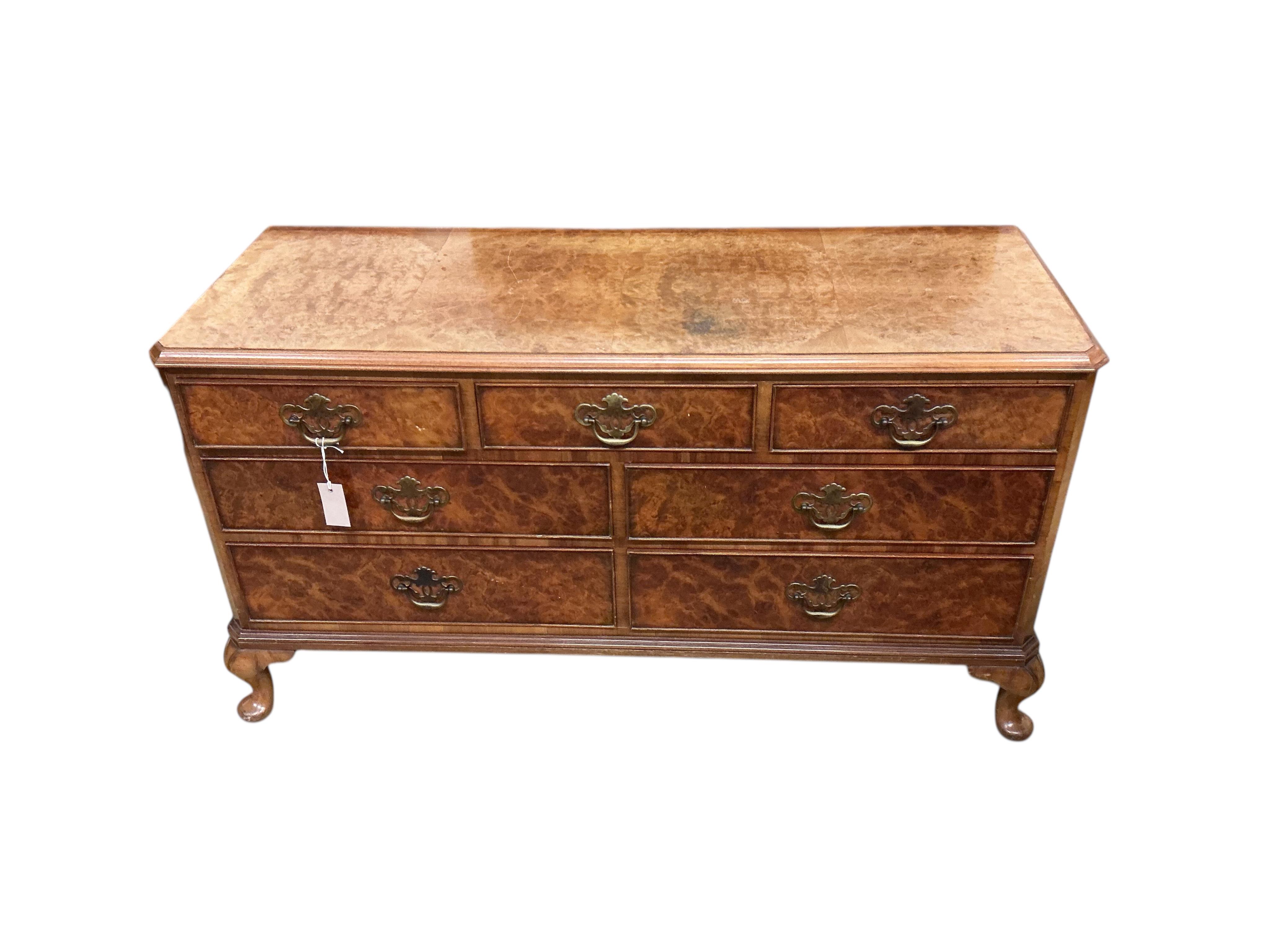 A Queen Anne Revival walnut low chest, width 124cm, depth 46cm, height 66cm